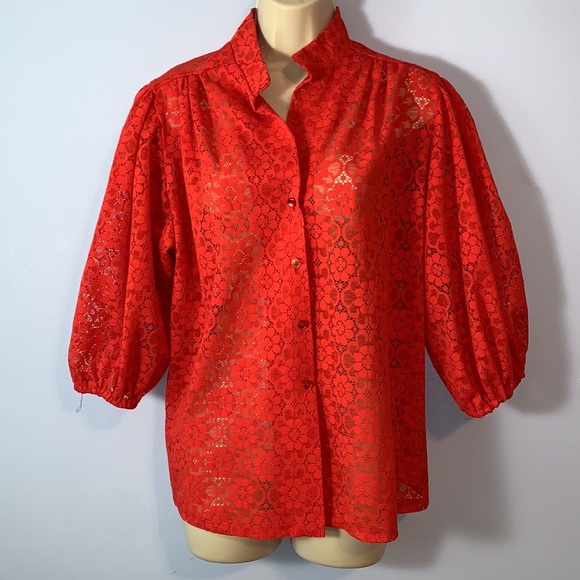 Carefree Fashions vintage Red floral Lace Top XL orange red puff 3/4 sleeve 70’s - Picture 2 of 8